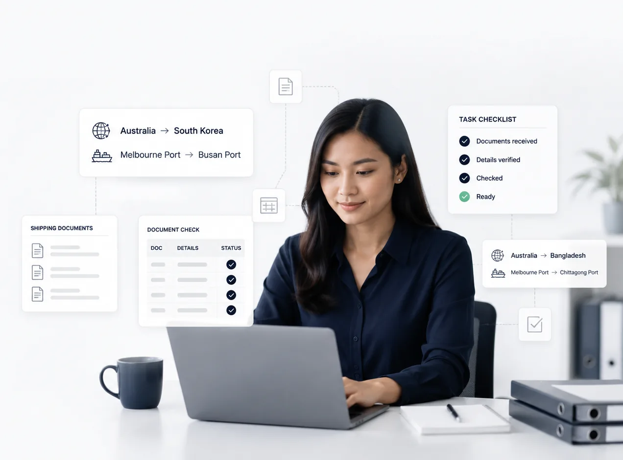 Asian professional reviewing abstract shipping document checks on a laptop for K5 back-office task support.