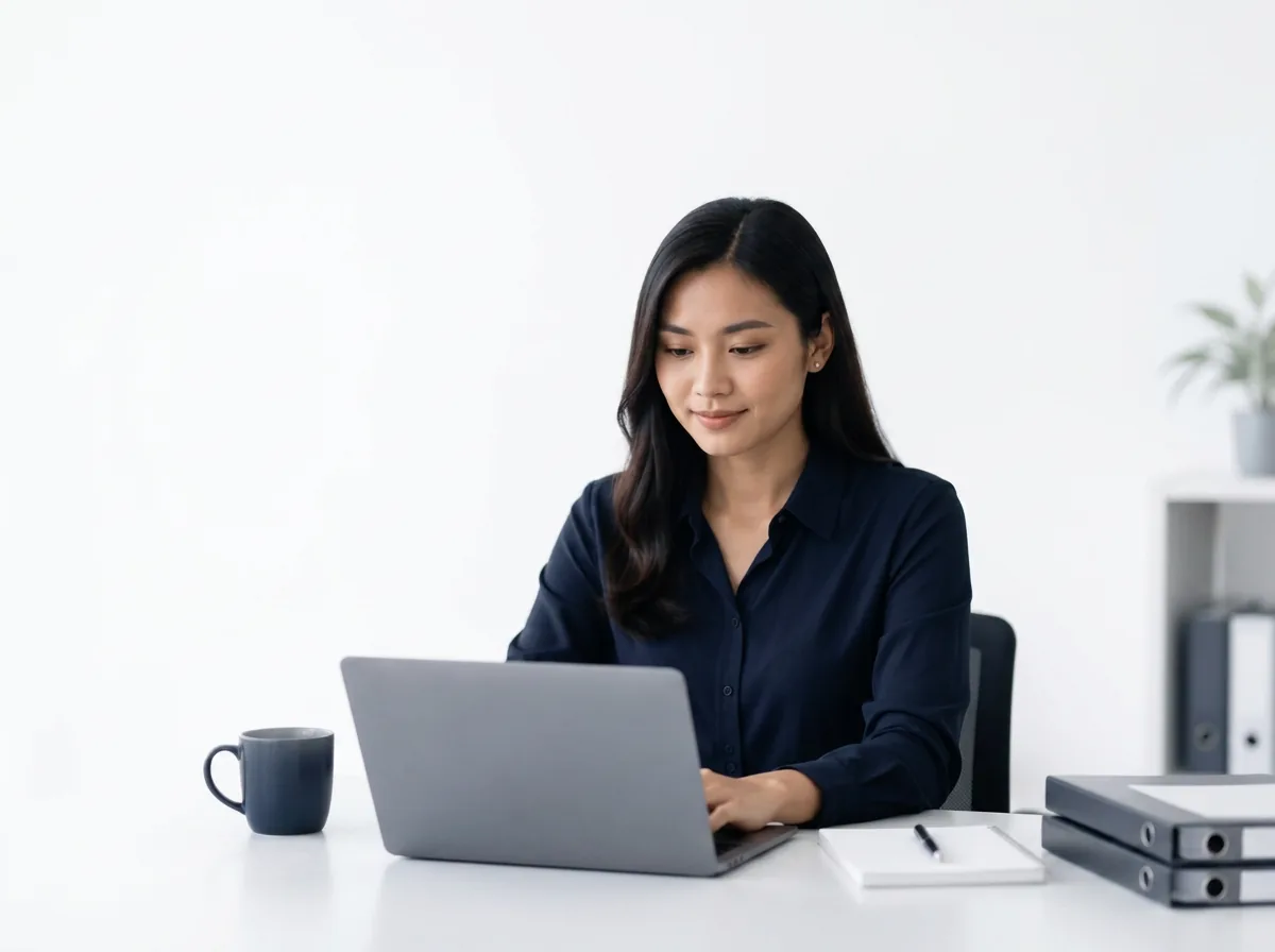 Professional reviewing shipping document checks on a laptop for K5 back-office task support.